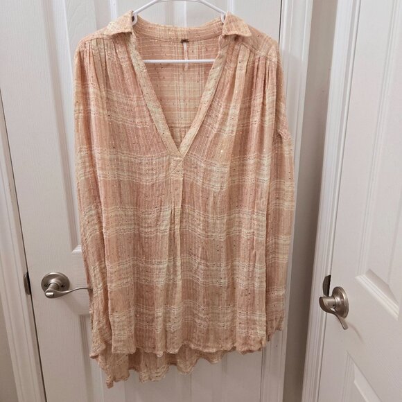 Free People Button up Shirt Large Bohemian Beige‎ Peach Metallic Sequin Blouse - Picture 1 of 10
